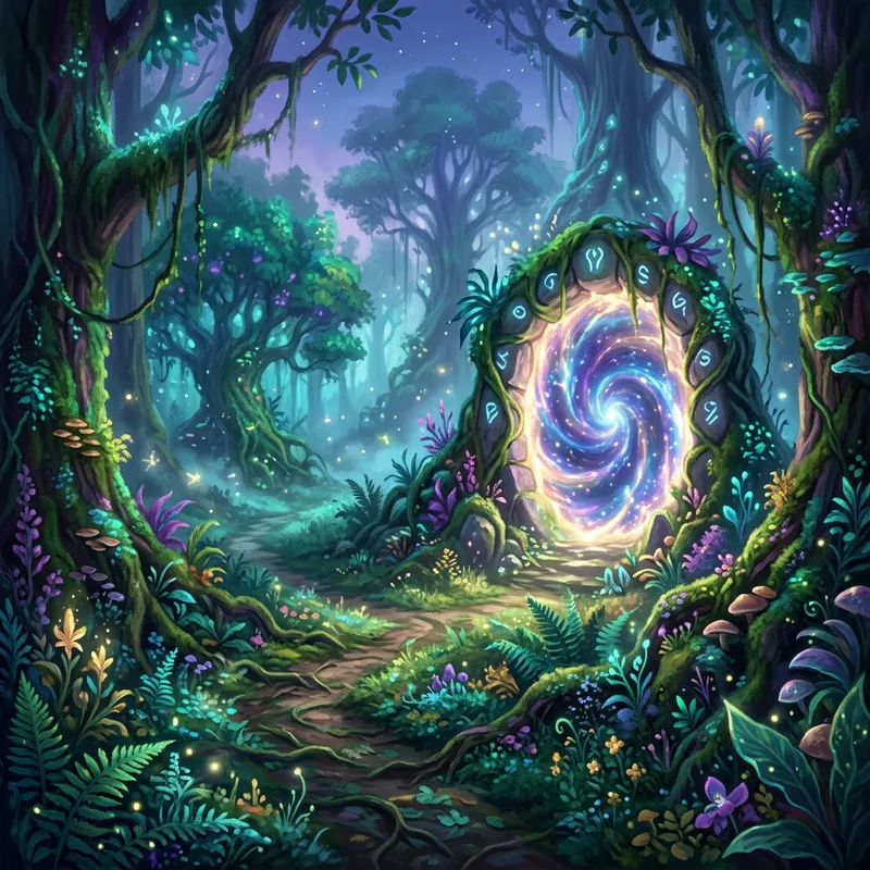 Ethereal Mystical Forest Scene | Glowing Portal & Hidden Pathway