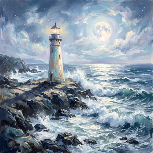 Ethereal Lighthouse: Moonlit Impressionistic Art
