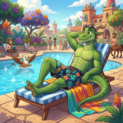 Male Dragon Demi-Human by Pool - Fantastical Cartoon Character