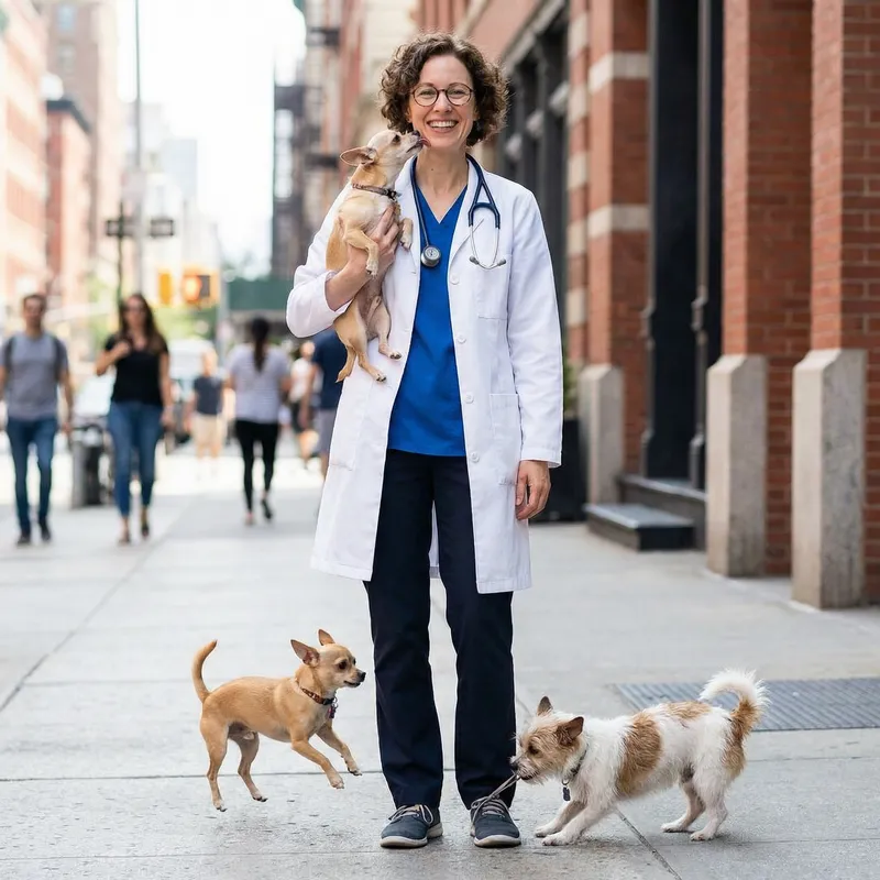 Female Doctor with Chihuahuas | Urban Scene, Glasses & Short Hair