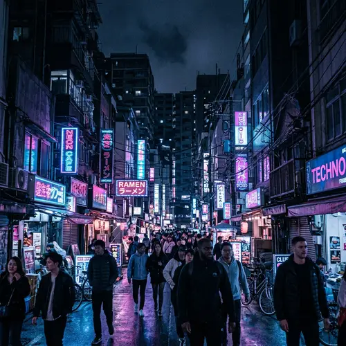 Enigmatic Labyrinthine Neon Cityscape at Night