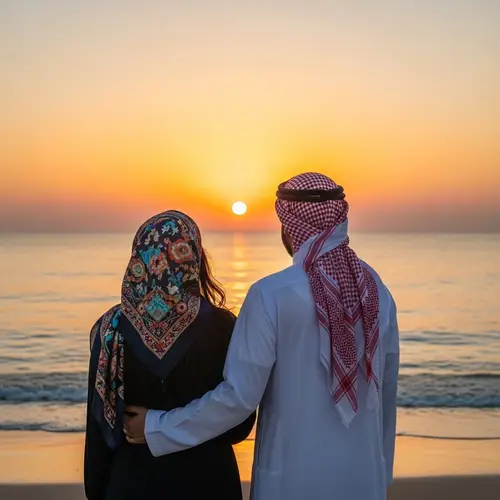 Romantic Sunset Beach View with Muslim Couple