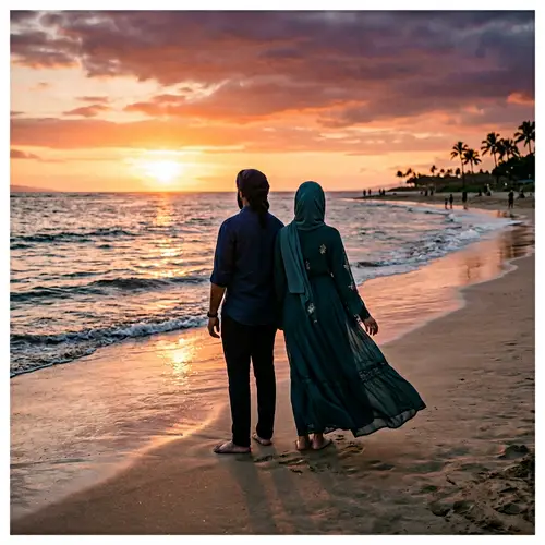Romantic Sunset Beach View with Muslim Couple