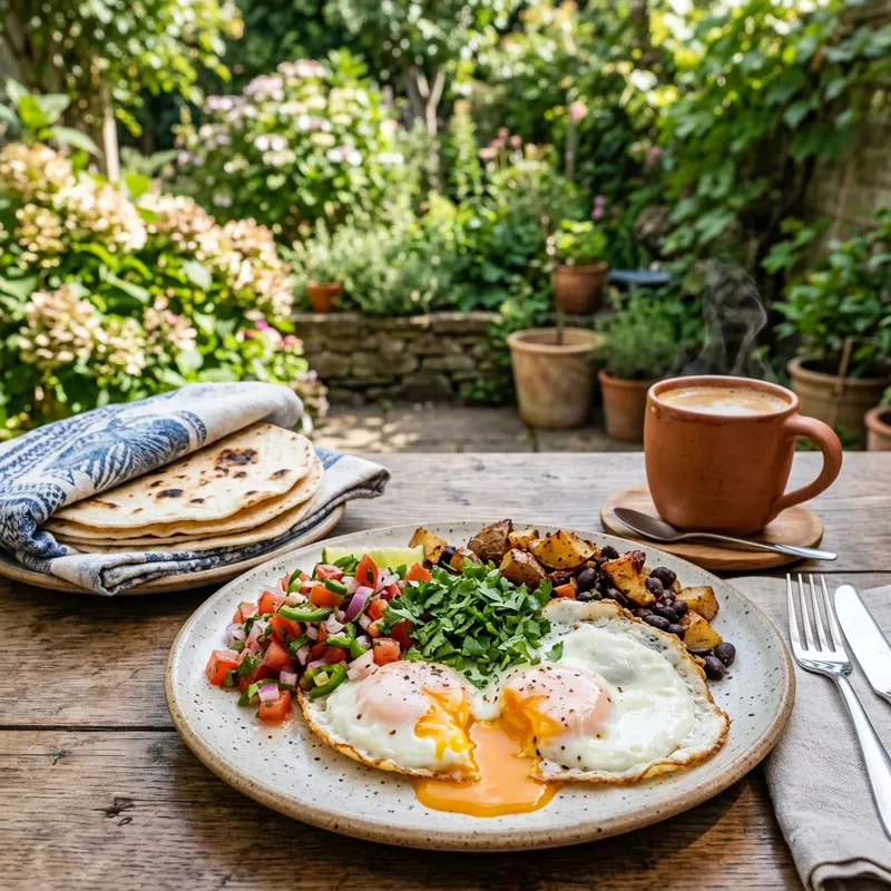 Tasty Fried Egg Breakfast with Fresh Cilantro and Mexican Salsa