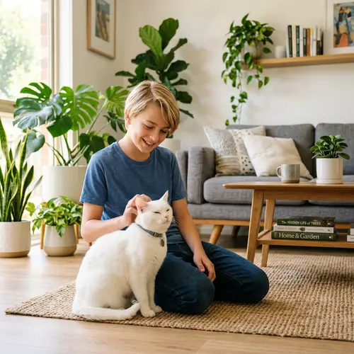 Caucasian Teen Boy with Smooth Blonde Hair Interacting with White Cat indoors
