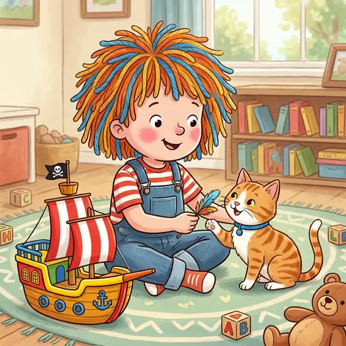 Playful Cartoon Illustration of Boy with Feline and Toy Ship
