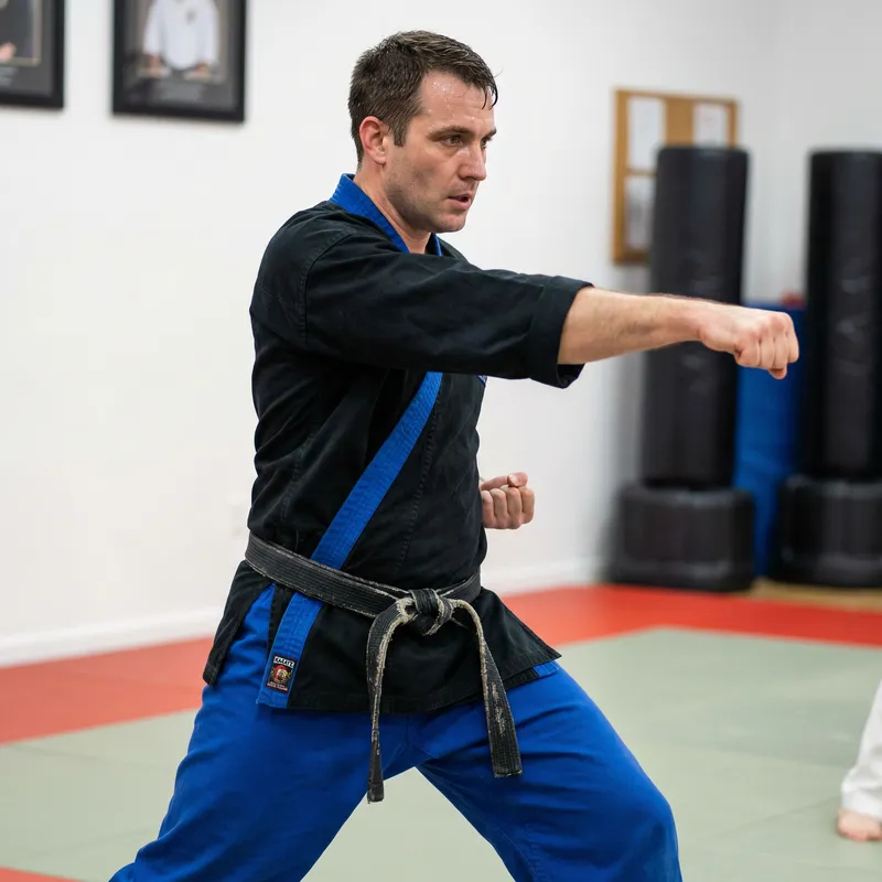 Man in Black and Blue Karate Gi with Black Belt