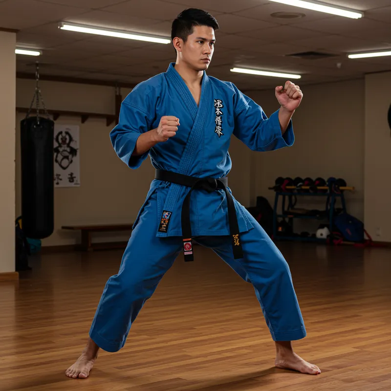 Man in Black and Blue Karate Gi with Black Belt