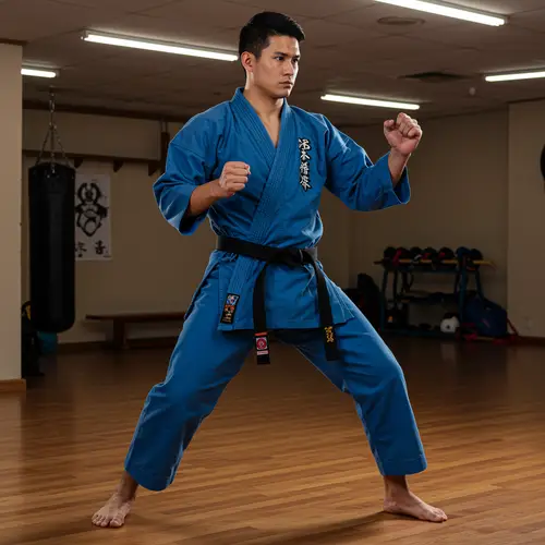 Man in Black and Blue Karate Gi with Black Belt