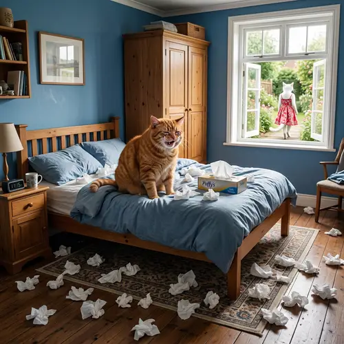 Fat Orange Cat Crying in Blue Room