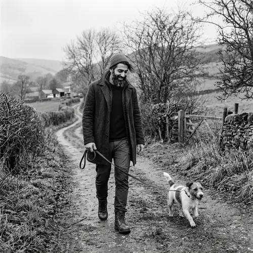 Tranquil Countryside Stroll: Man & Terrier in Vintage Charm