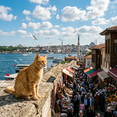 Cat in Turkey by the Bosphorus: Ginger Short-Haired Feline Enjoying the View
