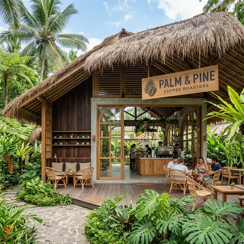 Modern Tropical Coffee Shop Design in 3D Perspective