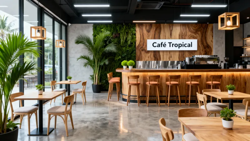 Modern Tropical Coffee Shop Design in 3D Perspective