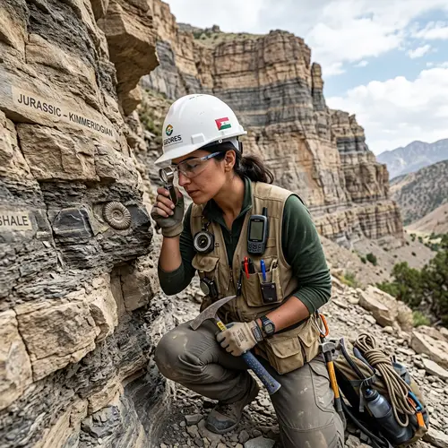 Middle-Eastern Female Geophysicist Studying Jurassic Sedimentary Layers