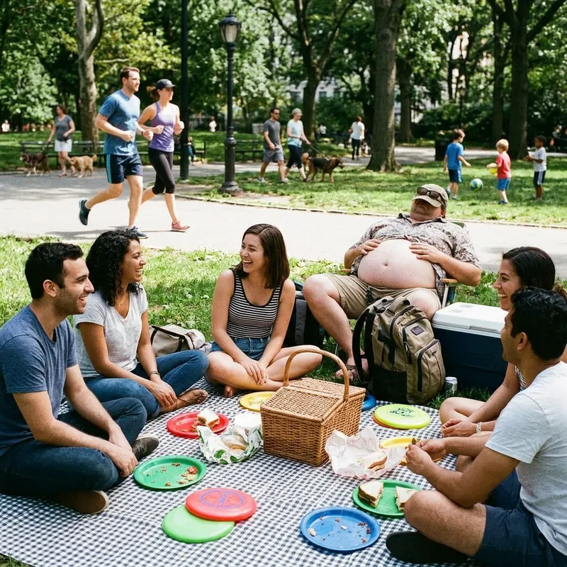 Funny Park Scene: Zoom in to Discover Surprising Big Tummy