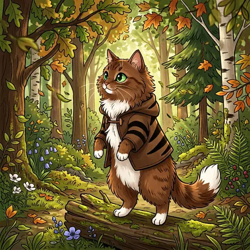 Cartoonish Fluffy Brown Cat in Enchanting Forest
