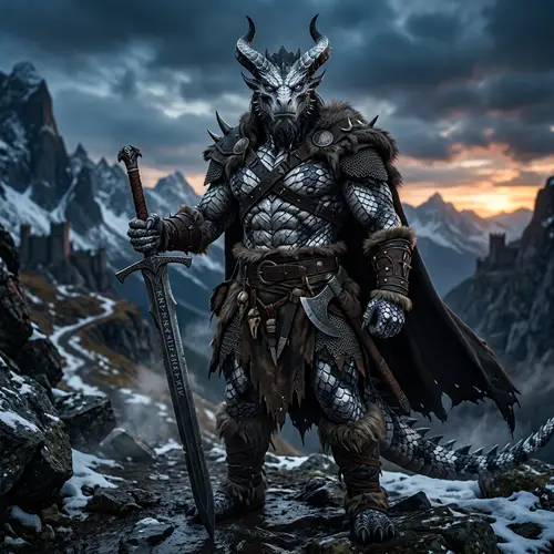 Dragonborn Barbarian Wielding Long Sword - Silver-Black Scales
