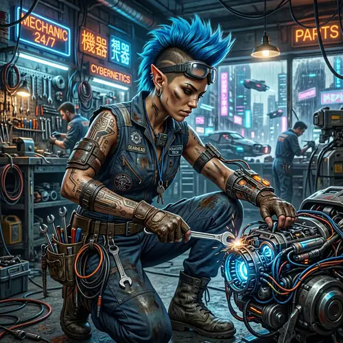 Cyberpunk Half-Elf Mechanic with Blue Mohawk