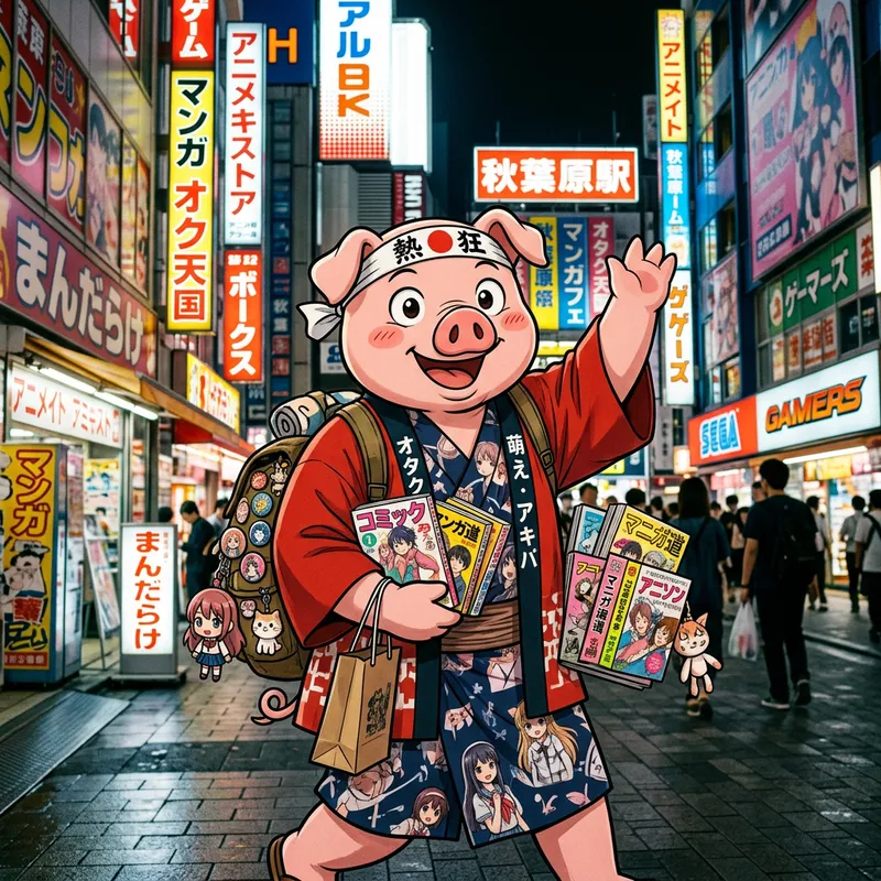 Pepa Pig Otaku: Anime Enthusiast in City Lights