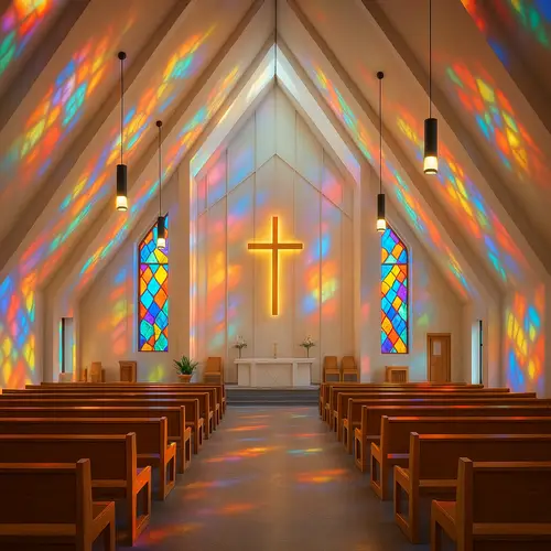 Stunning Church Interior with Stained Glass Reflections