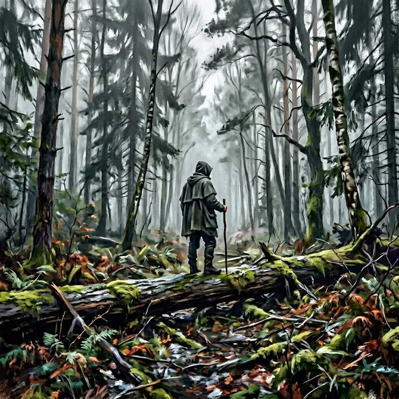 Enigmatic Figure in Ethereal Foggy Forest: Impressionist Solitude