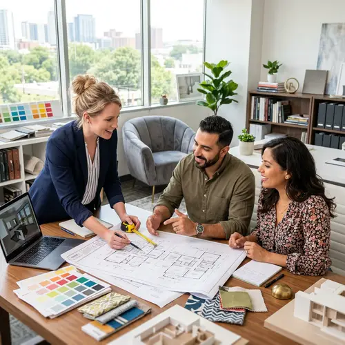 Interior Designer Presenting Blueprint to Homeowners in Stylish Office Setting