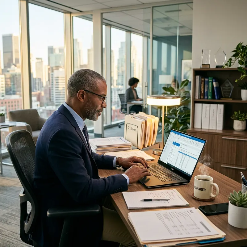Experienced Afro-American Manager Working in Modern Office