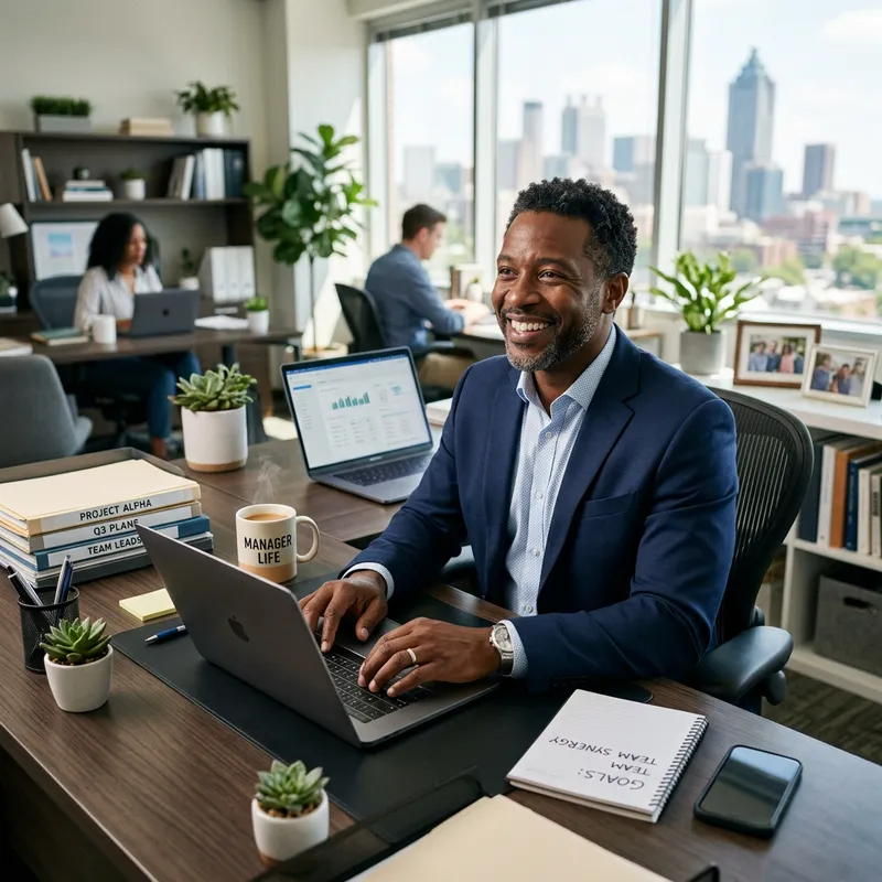 Joyful Afro-American Manager Working in Modern Office