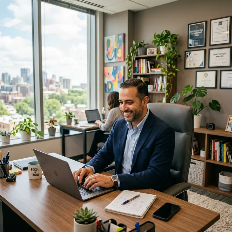 Joyful 40th Manager in Modern Office Space | Elegant Decor