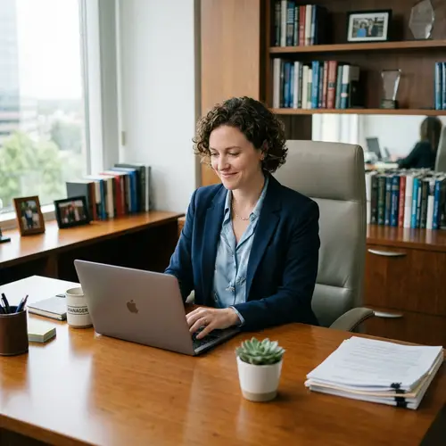 Professional Office Manager Working Joyfully on Laptop