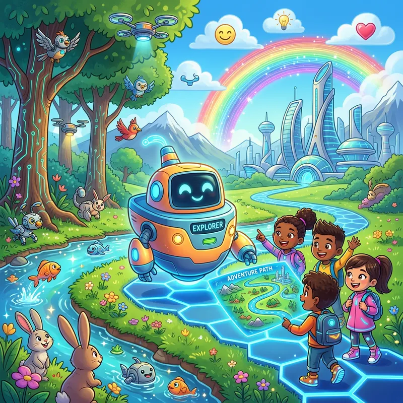 Friendly Future: AI Odyssey in Colorful Cartoon Landscape