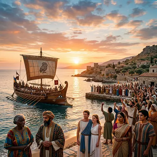 Timeless Odyssey Ship at Sunrise with Diverse Group of People