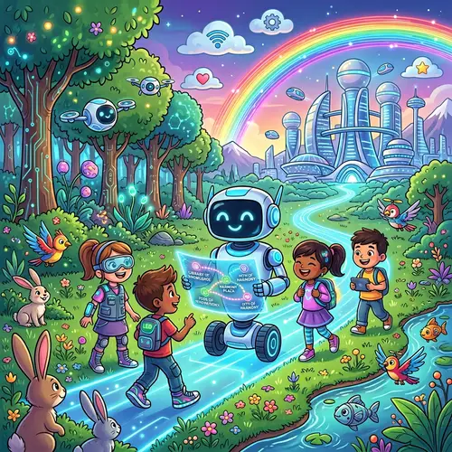 Colorful Cartoon Landscape with Nature and Futuristic Innovation