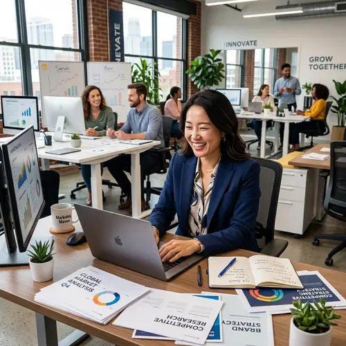 Joyful Asian Marketing Manager in Modern Office Workspace