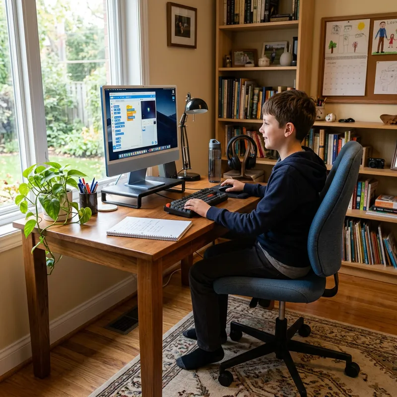 Realistic 11-Year-Old Caucasian Child Sitting at Computer Desk