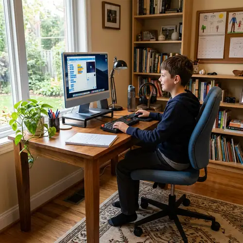 Realistic 11-Year-Old Caucasian Child Computer Desk Image