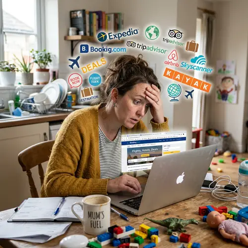 Overwhelmed Mum Navigating Travel Sites