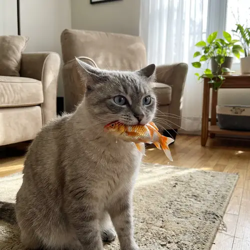 Grey Cat Catching Orange Goldfish - Captivating Scene