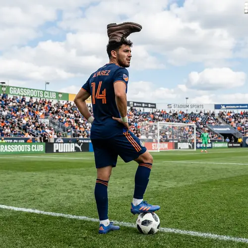 Unique Soccer Player with Brown Boot Hat on Grassy Field