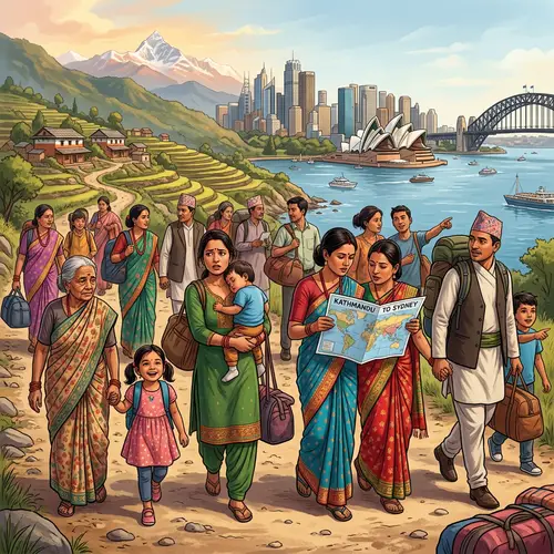 Nepalese Family Journey to Australia: Cultural Migration Illustration