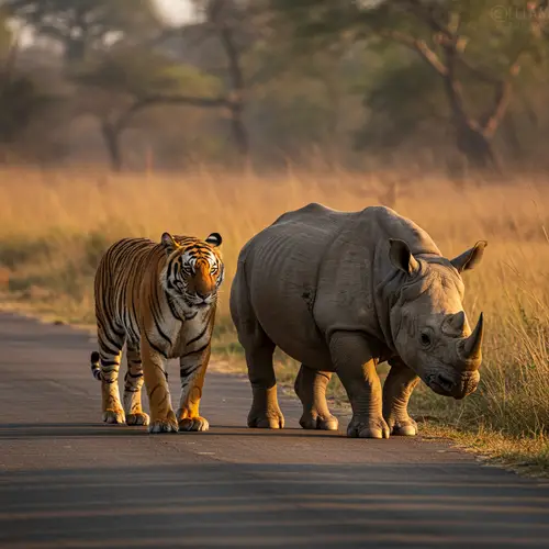Tiger and Rhino Walking on the Road