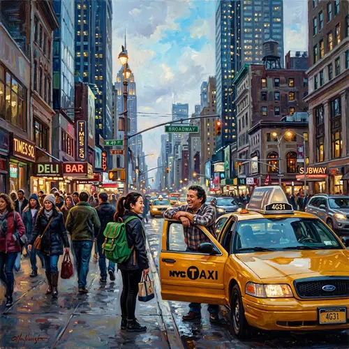 Bustling City Street Oil Painting - Urban Diversity Scene