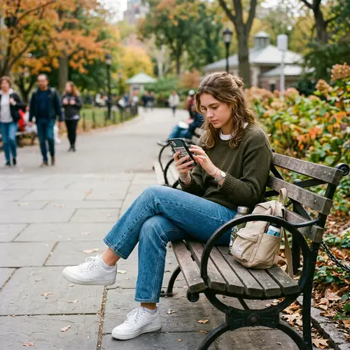 Girl in Blue Jeans Farts on Bench While Texting