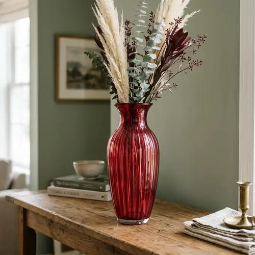 Stylish Red Glass Vase with Vertical Stripes | Unique Home Decor