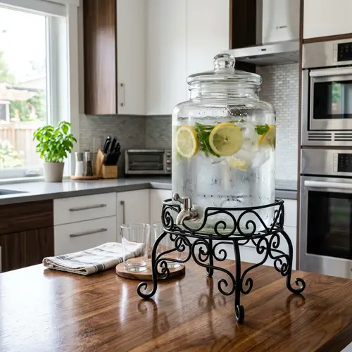 Clear Glass Dispenser on Ornate Metal Stand | Modern Kitchen Decor