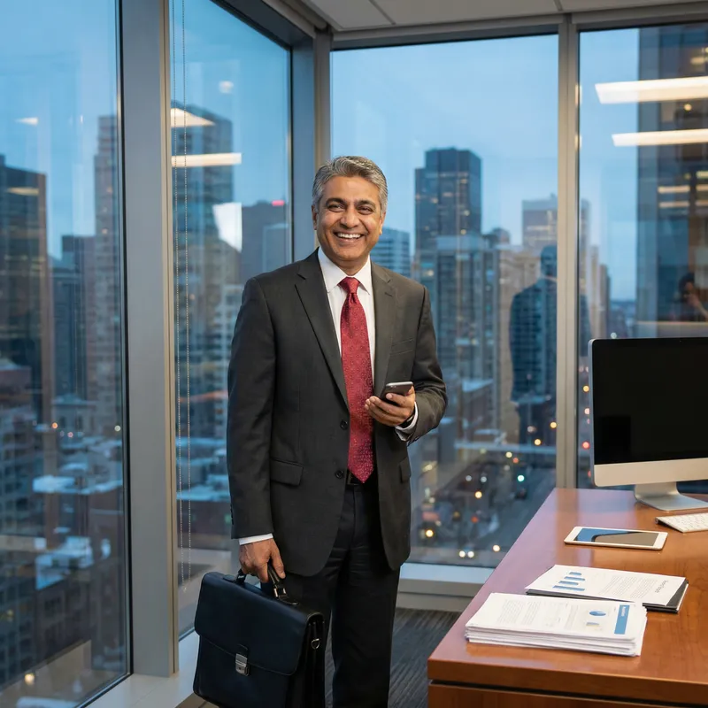 Marketing Businessman with Charcoal Suit, Briefcase, and Smartphone