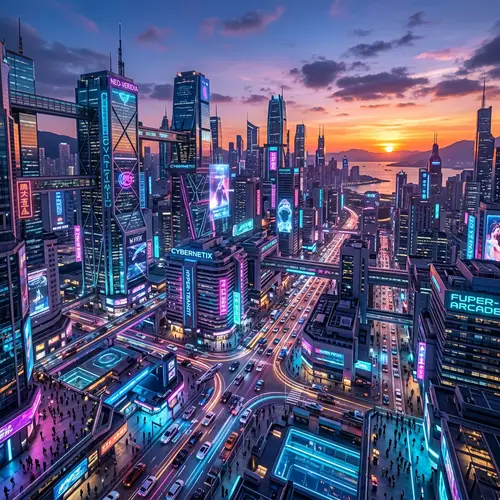Futuristic Cityscape at Sunset: Neon Lights & Hover Cars