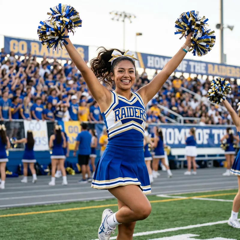 Cheerleader with Arms Raised in Victory