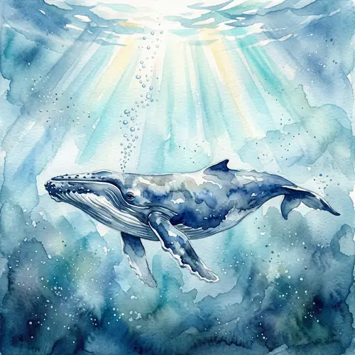 Majestic Whale Swimming in Ocean - Watercolor Painting